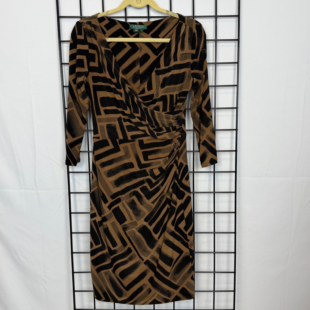 Lauren Ralph Lauren Faux Wrap Dress Womens 6 Black Brown Lined 3/4 Sleeve Casual